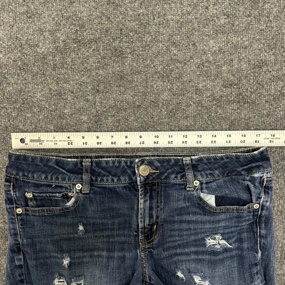 American Eagle Denim Shorts Womens Size 14 Long Dark Wash Distressed Cut Off